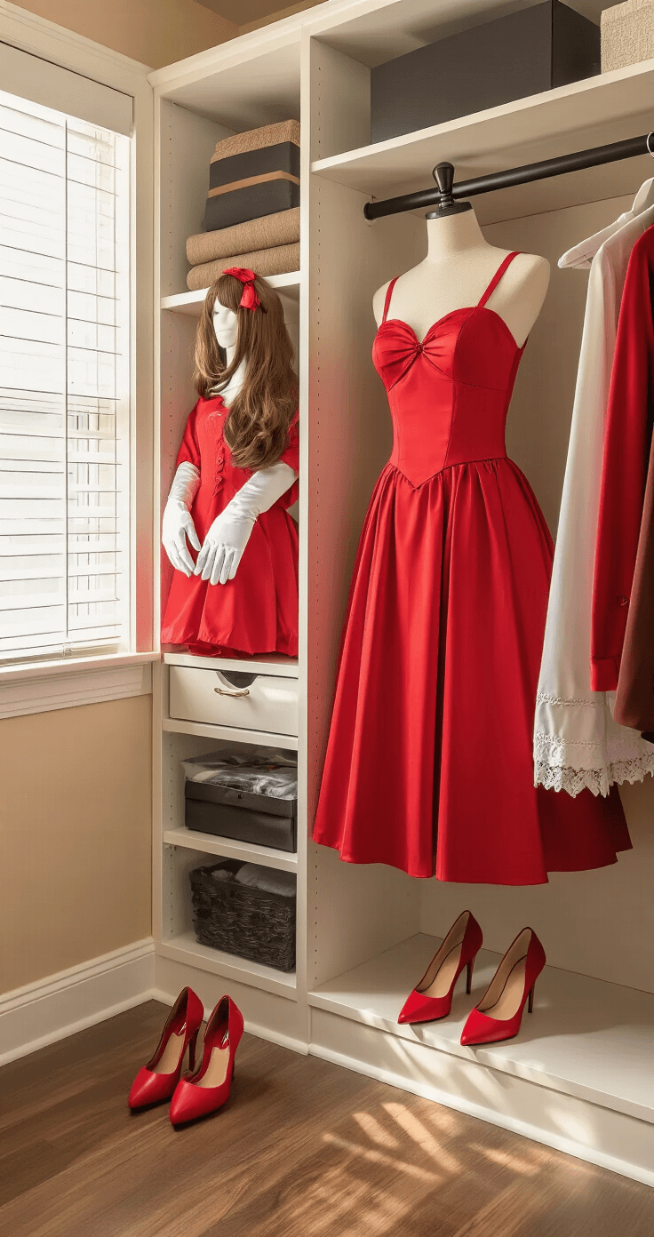 Perfect Blue Cosplay: Bringing Mima Kirigoe's Iconic Red Dress to Life Intimate walk-in closet featuring warm ambient lighting, showcasing artfully arranged cosplay pieces: a red dress hanging elegantly, neatly folded white gloves, a ribbon headband displayed with a brown wig on a styling head, and carefully positioned red pumps, all highlighted by natural light that enhances fabric textures and colors.