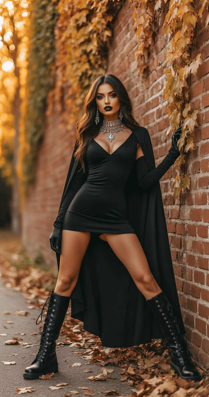 Black Halloween Costumes: Your Ultimate Style Guide for Killer Looks A confident woman in a fitted black Halloween costume poses against a brick wall with autumn ivy, showcasing her outfit and accessories during golden hour, with professional lighting equipment subtly visible, capturing a dynamic outdoor photoshoot.