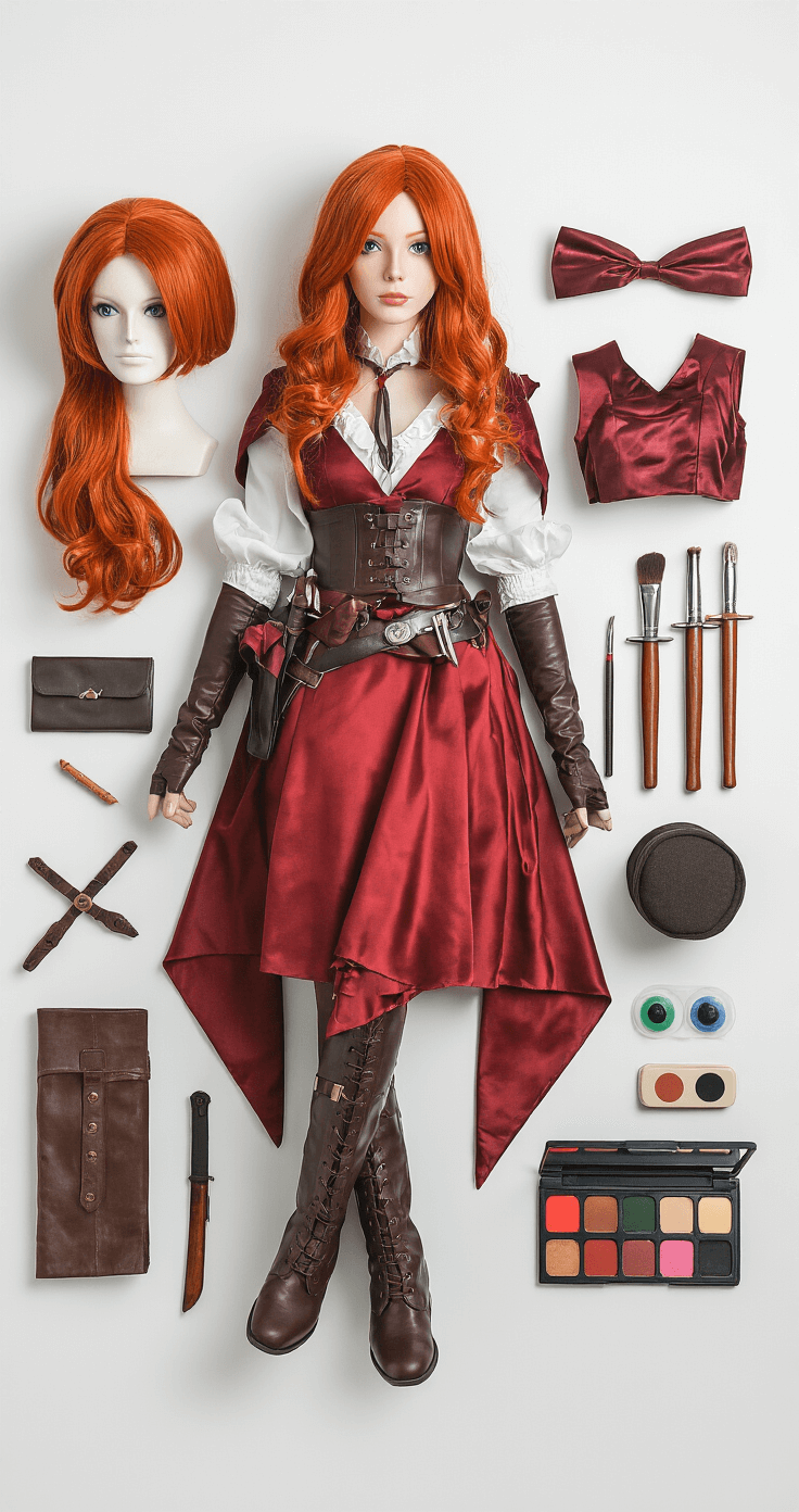 Red Hair Anime Cosplay: Your Ultimate Character and Styling Organized flat lay of a red-haired character cosplay outfit on a white backdrop, featuring a wig, rich fabric costume pieces, leather accessories, prop weapons, colored contacts, and a makeup palette, all illuminated by professional lighting that accentuates textures.