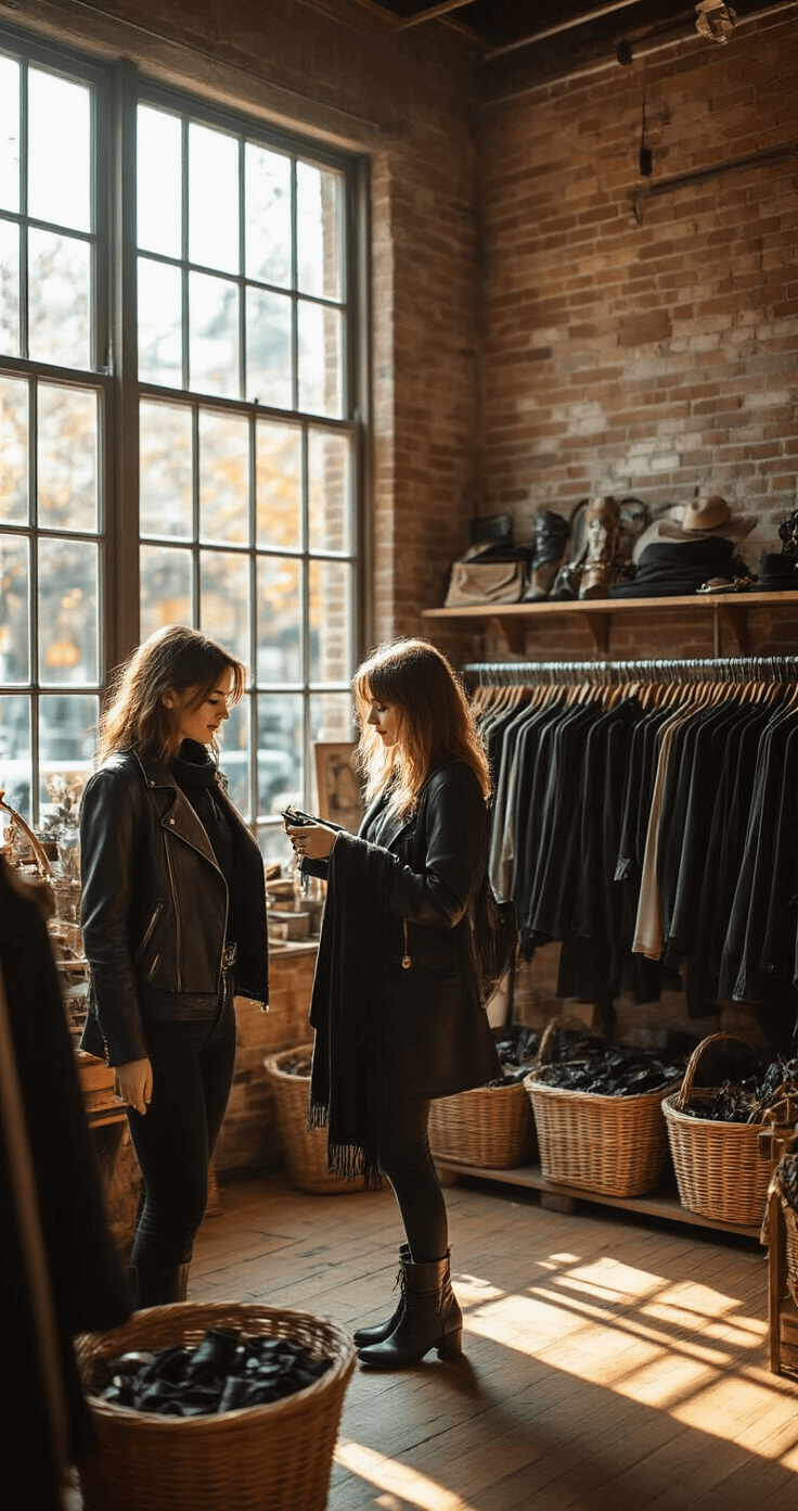 Black Halloween Costumes: Your Ultimate Style Guide for Killer Looks A woman browses racks of black clothing in a vintage thrift store, illuminated by afternoon sunlight through large windows. She examines a leather jacket and holds a black blazer, dark scarf, and antique jewelry, surrounded by exposed brick walls and wooden floors, with shopping baskets filled with costume elements nearby.