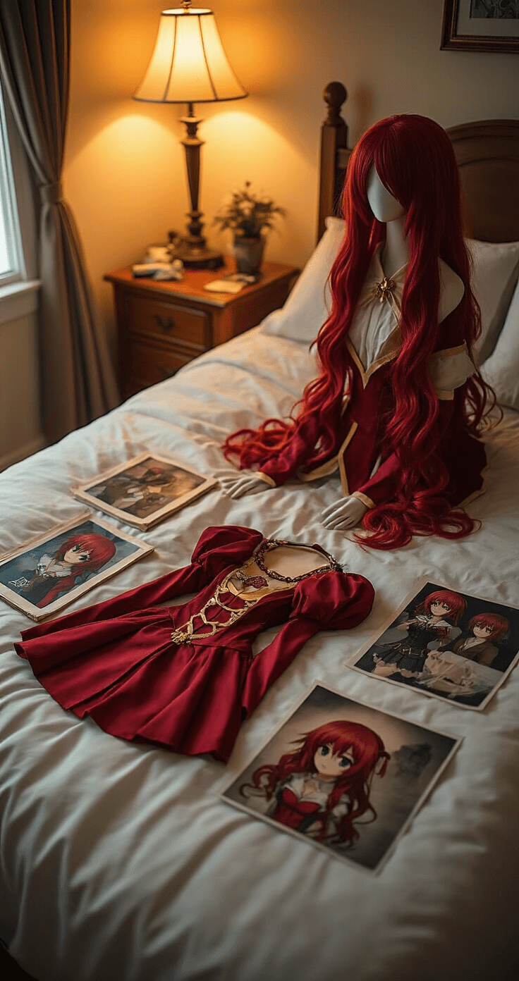 Red Hair Anime Cosplay: Your Ultimate Character and Styling Intimate bedroom scene of a cosplayer preparing for the next day, featuring a neatly made bed with a red-haired character costume laid out, a crimson wig on a stand, detailed costume pieces, character reference photos, and essential accessories, all illuminated by warm lamplight.