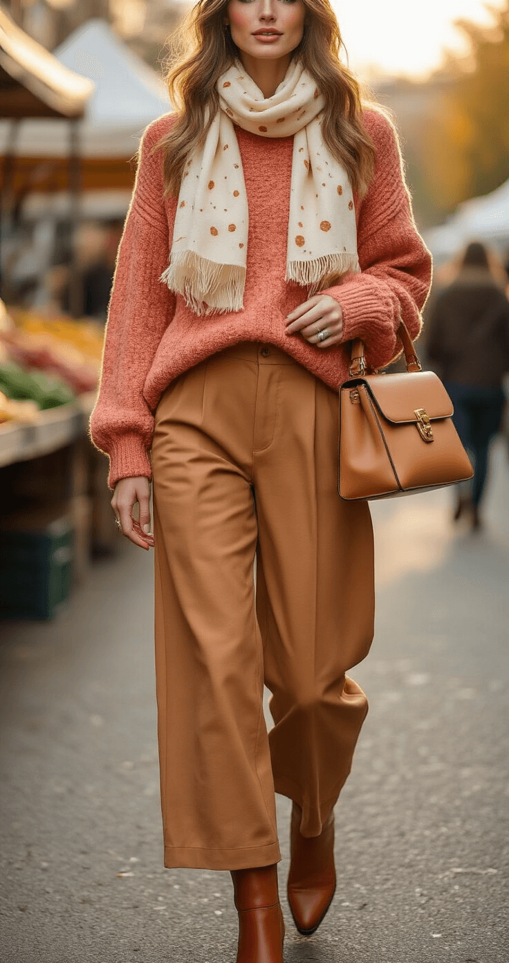 Creative Halloween Costumes for 2025: Unleash Your Imagination! A stylish woman in a whimsical food-inspired fashion ensemble, featuring a textured coral sweater resembling cinnamon toast, a cream silk scarf with sprinkle-like patterns, wide-leg caramel trousers, and cognac leather ankle boots, walks through a trendy farmers market during golden hour, with sunlight highlighting her outfit's rich textures.