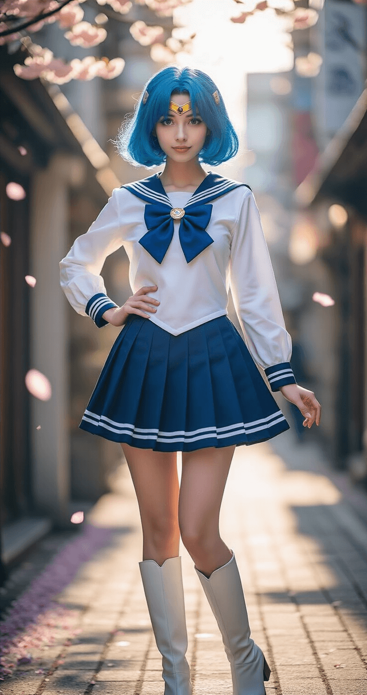 A confident young woman in Sailor Mercury cosplay stands in an urban anime district during golden hour. She wears a navy pleated skirt with white trim, a blue bow tie, and a white sailor blouse with blue collar details, paired with knee-high white boots. Her vibrant blue bob wig, styled with soft waves, shines in the sunlight, complemented by a gleaming silver tiara. Cherry blossom petals float around her as she strikes an empowered pose, captured from a slightly lower angle to emphasize her costume's authenticity.