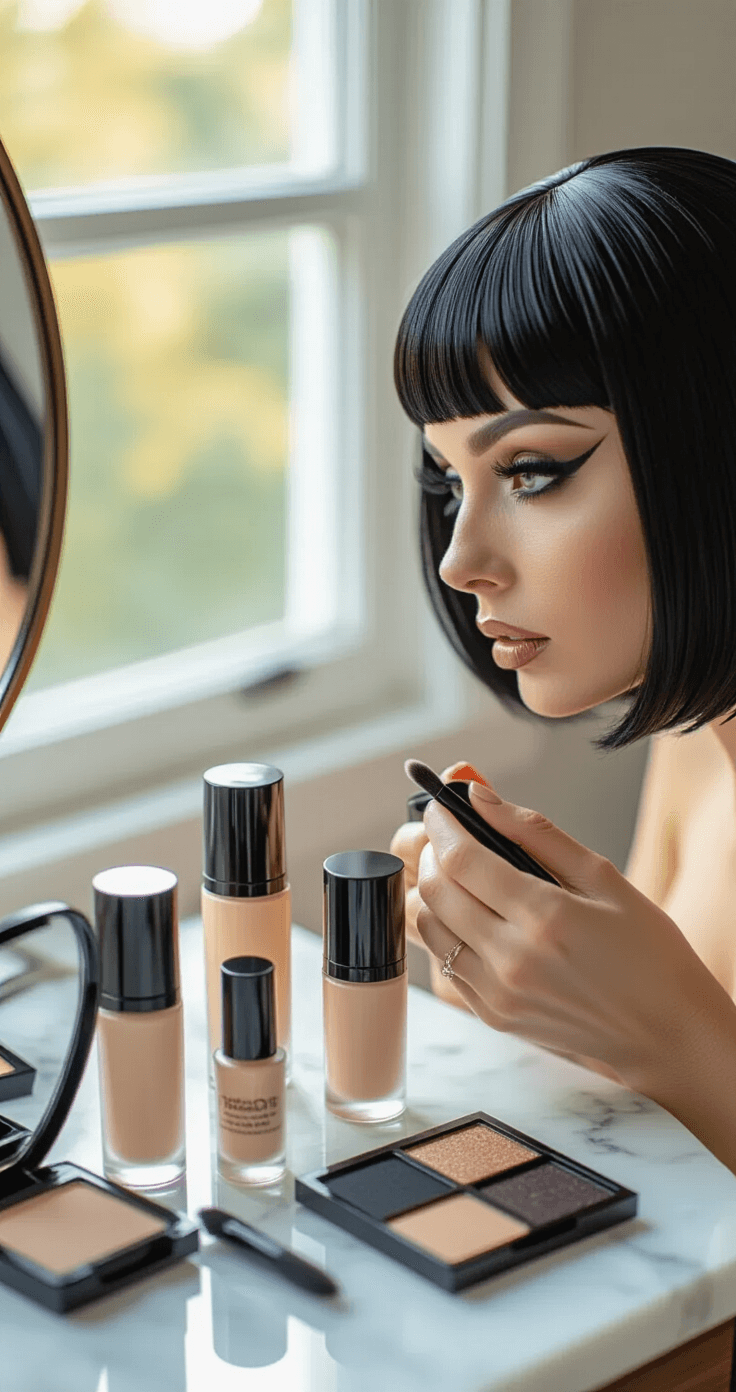 Mavis Cosplay: Nailing the Hotel Transylvania Look A well-lit vanity area featuring a woman applying pale foundation and dramatic dark eye makeup, with makeup essentials scattered on a white marble surface. A bob wig on a styling head sits nearby, illuminated by soft morning light.