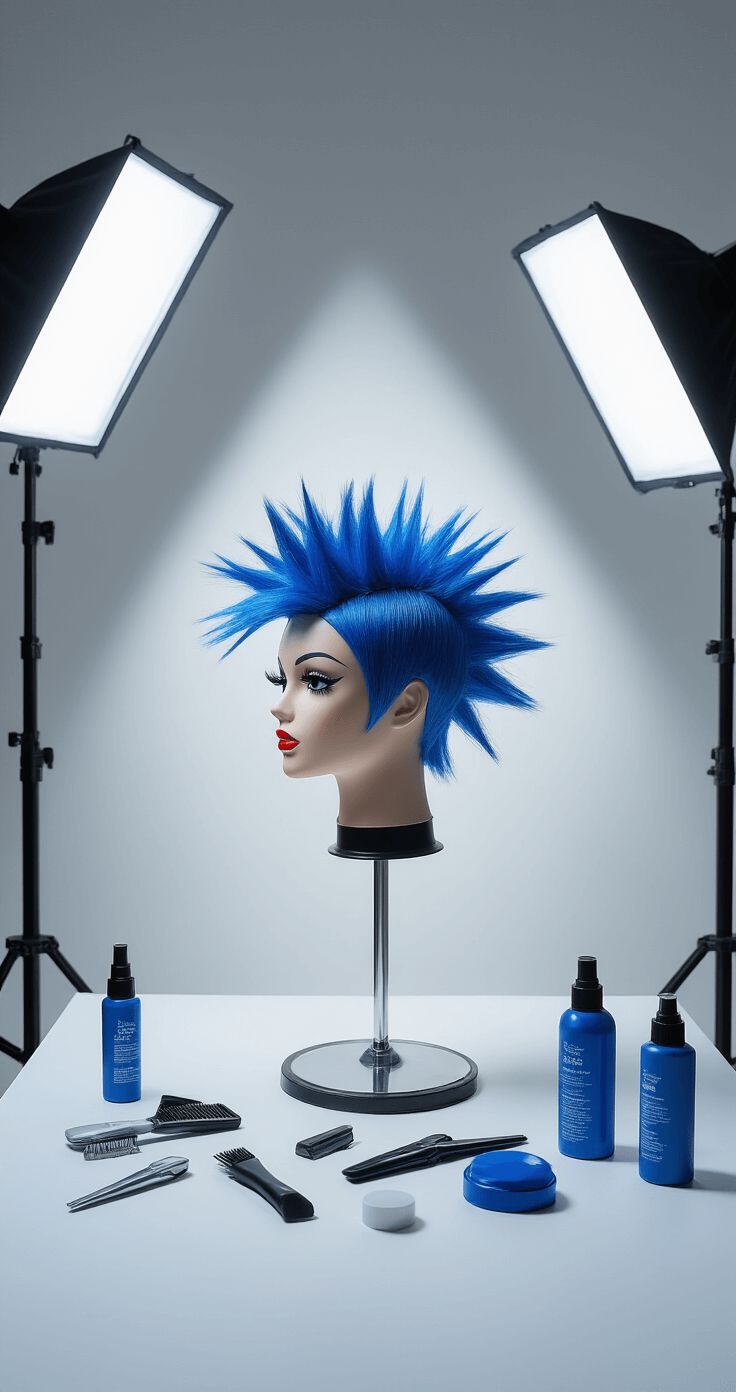 A minimalist photography studio featuring a glass mannequin head with an electric blue spiky wig, surrounded by geometrically arranged styling tools. The modern white backdrop casts geometric shadows, while various blue hair accessories are displayed artistically, highlighting contrasts in texture between the synthetic fibers and metallic tools.