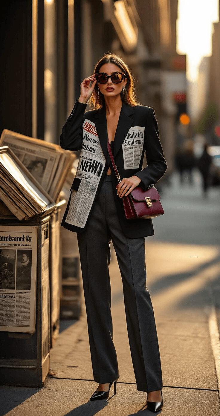 Creative Halloween Costumes for 2025: Unleash Your Imagination! A confident woman in a structured black blazer with news headline patches and high-waisted charcoal trousers stands at a chic urban street corner during golden hour, adjusting her oversized tortoiseshell sunglasses. She pairs her look with pointed-toe leather pumps and a burgundy leather crossbody bag, surrounded by vintage newspaper stands in warm, evening light that highlights her polished outfit.