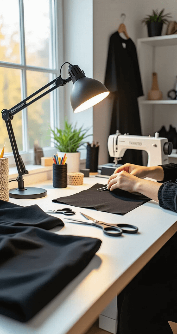 Mavis Cosplay: Nailing the Hotel Transylvania Look A bright DIY workspace featuring hands modifying black clothing for cosplay, with scissors, fabric, and a sewing machine on a white table, surrounded by cotton and mesh materials, illuminated by natural daylight and warm task lighting.