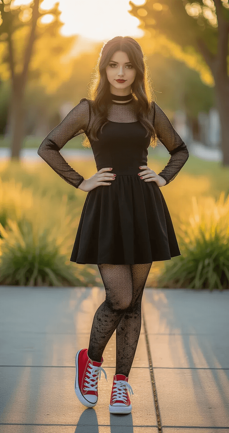Mavis Cosplay: Nailing the Hotel Transylvania Look A confident woman in complete Mavis cosplay poses in a simple urban park during golden hour, showcasing a black dress with mesh sleeves and striped tights, complemented by red Converse sneakers against a clean concrete background.