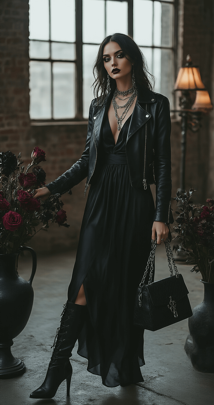 Creative Halloween Costumes for 2025: Unleash Your Imagination! Moody evening photoshoot in a minimalist loft featuring a model in an all-black flowing silk midi dress and cropped leather jacket, styled with thigh-high suede boots. She accessorizes with layered silver jewelry and a structured black handbag, while dramatic smoky eye makeup enhances the gothic aesthetic. Ambient lighting casts mysterious shadows as she arranges dark florals in obsidian vases, highlighting luxurious textures of leather, silk, and brushed metal.