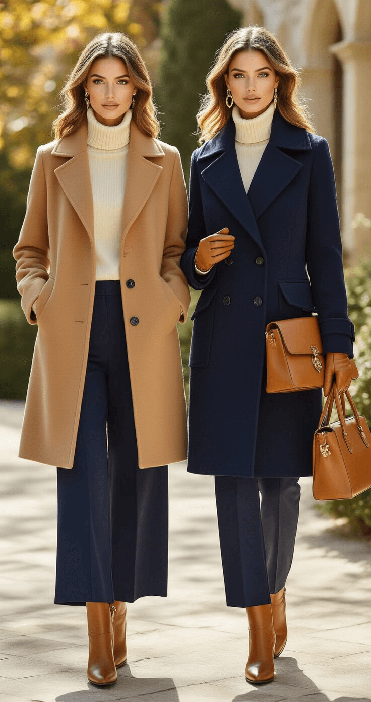 Creative Halloween Costumes for 2025: Unleash Your Imagination! A bright outdoor garden scene with two women styling complementary outfits: one in a camel wool coat over a cream cashmere turtleneck and navy trousers, the other in a navy peacoat with camel accessories. Both wear matching leather ankle boots and structured handbags, arranging silk scarves, leather gloves, and gold jewelry while basking in natural midday light.