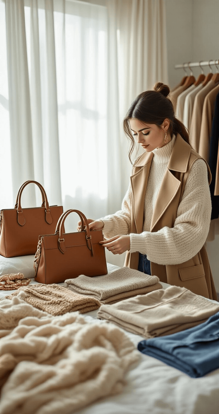 Creative Halloween Costumes for 2025: Unleash Your Imagination! A cozy bedroom scene featuring a model organizing a curated wardrobe of neutral-toned clothing, including cream knit sweaters, camel trench coats, and denim pieces. Accessories such as cognac and black leather handbags, silk scarves, and gold jewelry are neatly arranged. Soft morning light filters through sheer curtains, highlighting the textures of cotton, wool, and leather in a minimalist space focused on timeless styling.