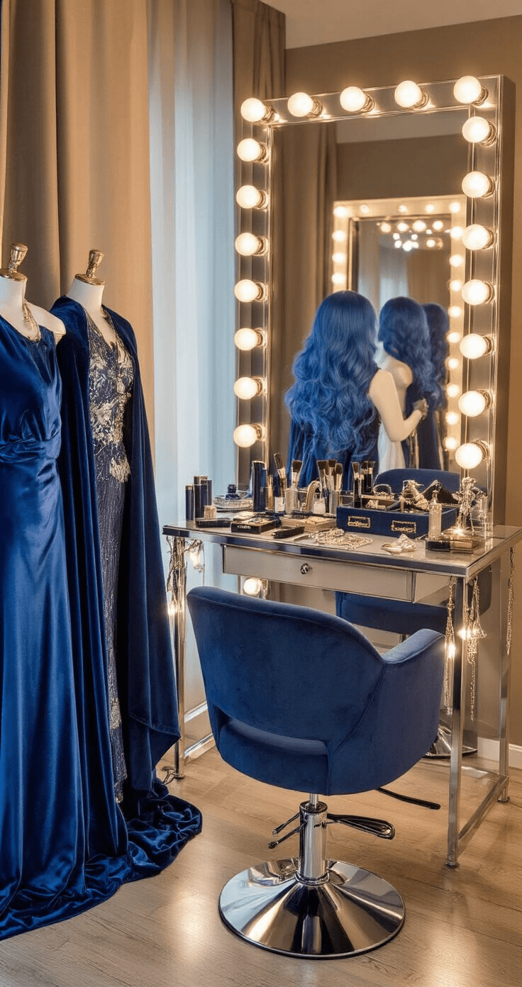 A luxurious dressing room featuring warm ambient lighting, a professional vanity mirror with Hollywood-style bulbs, high-end blue wigs on stylish stands, and elegant costume pieces including velvet capes and satin dresses, all set in a rich navy and silver color palette with gold accents.