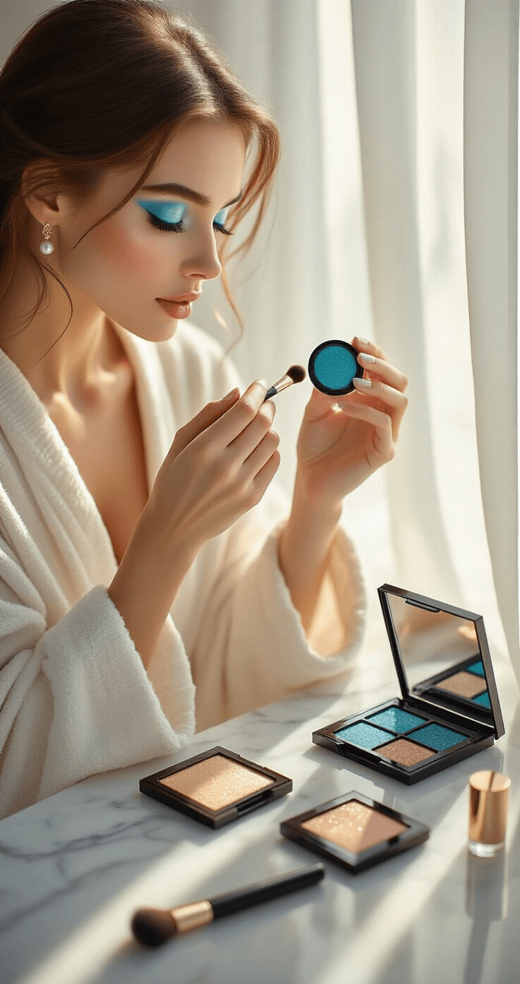 Close-up of a woman in a cotton robe applying ethereal blue-teal eyeshadow at a minimalist vanity, illuminated by golden hour sunlight filtering through white curtains. The scene features iridescent makeup palettes, precision brushes, and shimmering highlighters on a marble surface, enhancing the mystical ambiance of her beauty ritual.