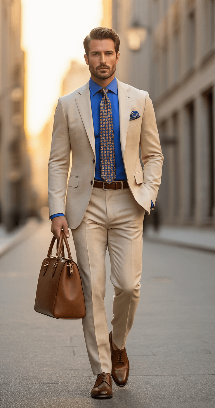 Nanami Kento Cosplay: A Complete Guide for Jujutsu Kaisen Fans Model confidently walks in a tailored beige suit, royal blue shirt, and patterned tie on a clean urban street during golden hour, complemented by a brown leather handbag and matching oxford shoes, all bathed in soft evening light against a minimalist architectural backdrop.