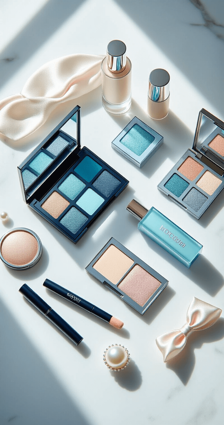 Flat lay of a Kokomi-inspired makeup collection on a white marble countertop, featuring blue-teal eyeshadow palettes, liquid eyeliners, cool-toned foundations, and iridescent highlighters, surrounded by silk hair accessories and pearl details, all in soft morning light.