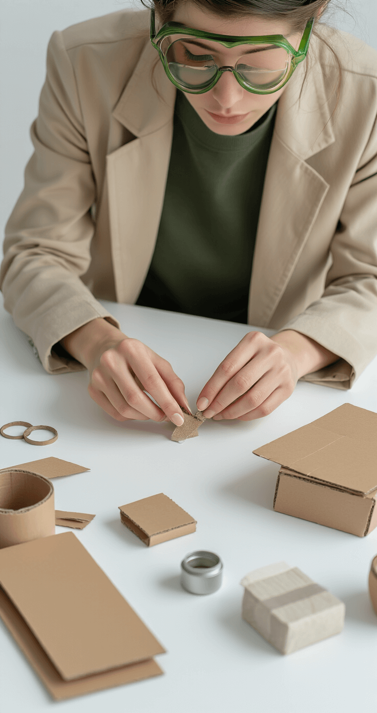 Nanami Kento Cosplay: A Complete Guide for Jujutsu Kaisen Fans Close-up of hands crafting DIY accessories with cardboard, PVC materials, and fabric, featuring a model in green-tinted glasses and a beige blazer, soft diffused lighting highlights textures on a clean white surface.