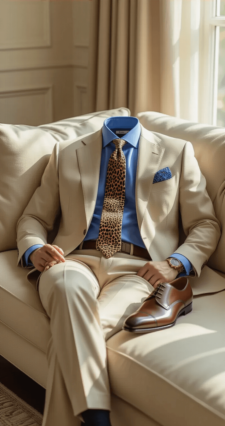 Nanami Kento Cosplay: A Complete Guide for Jujutsu Kaisen Fans Sophisticated living room scene featuring a luxurious beige business suit, royal blue cotton shirt, leopard-print silk tie, and brown leather accessories artistically arranged on a plush sofa, illuminated by soft morning light.