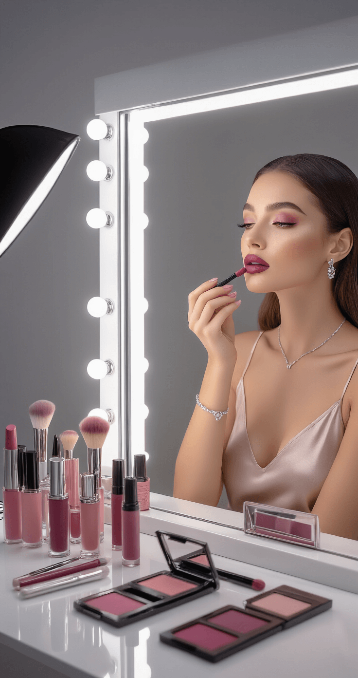 A sophisticated makeup artist workspace with soft studio lighting, featuring a woman in a silk camisole applying mauve lipstick in front of a Hollywood-style mirror, surrounded by organized berry and pink lip products and tools on a white lacquer surface.
