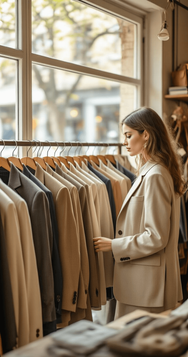 Nanami Kento Cosplay: A Complete Guide for Jujutsu Kaisen Fans A trendy thrift store interior illuminated by soft natural light, featuring a model browsing a curated collection of beige blazers and trousers on wooden hangers, showcasing a blend of vintage and contemporary styles in a warm, inviting atmosphere.