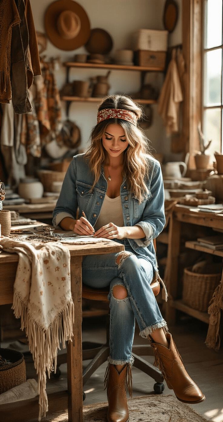 A creative woman in distressed denim jeans and a cotton bandana designs DIY fashion pieces in a sunlit craft room, surrounded by vintage fabrics and organized supplies, as she embellishes a denim jacket with fringe and metallic studs.