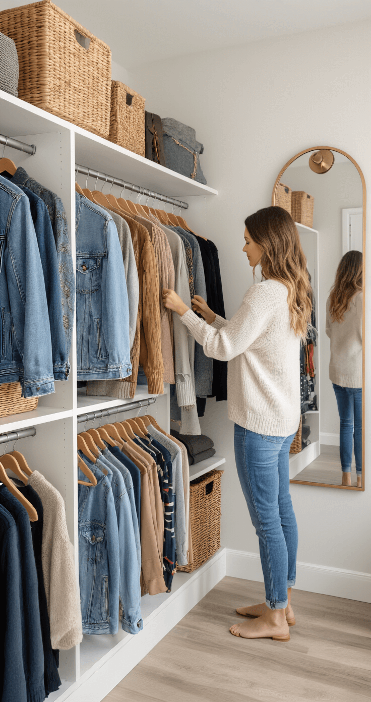 Closet Cosplay: Transform Your Wardrobe into Awesome Character Looks A woman thoughtfully analyzes her organized walk-in closet filled with hanging clothes in various textures and colors, illuminated by natural daylight, with wooden hangers, wicker storage baskets, and a full-length mirror reflecting her concentration on character recreation.