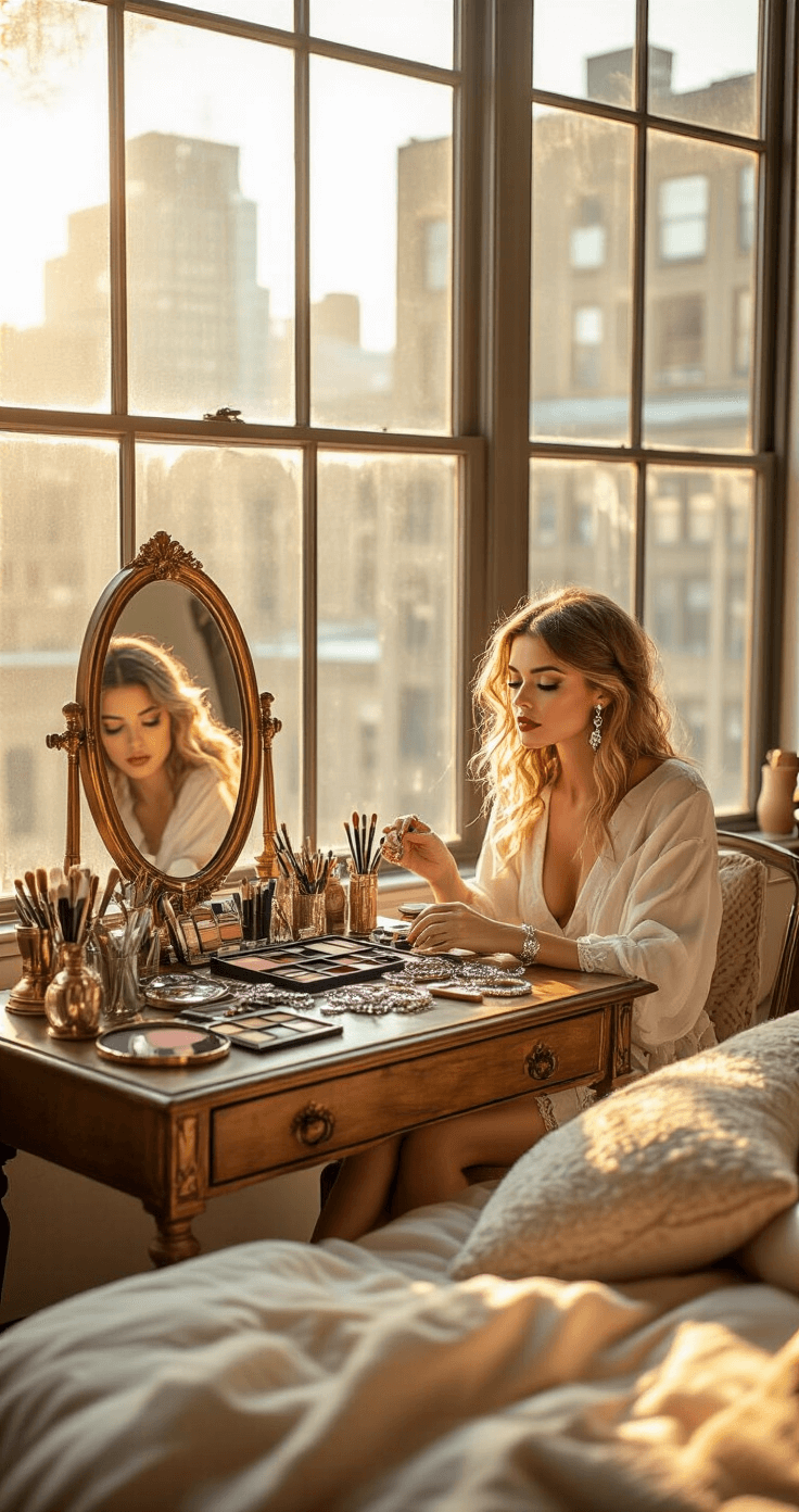 Closet Cosplay: Transform Your Wardrobe into Awesome Character Looks A woman sits at a vintage vanity table in a sunlit urban bedroom corner, arranging costume jewelry and makeup palettes while focused in a brass mirror. Scattered character references and soft pillows create a cozy styling workspace, illuminated by warm golden hour light that highlights metallic details.