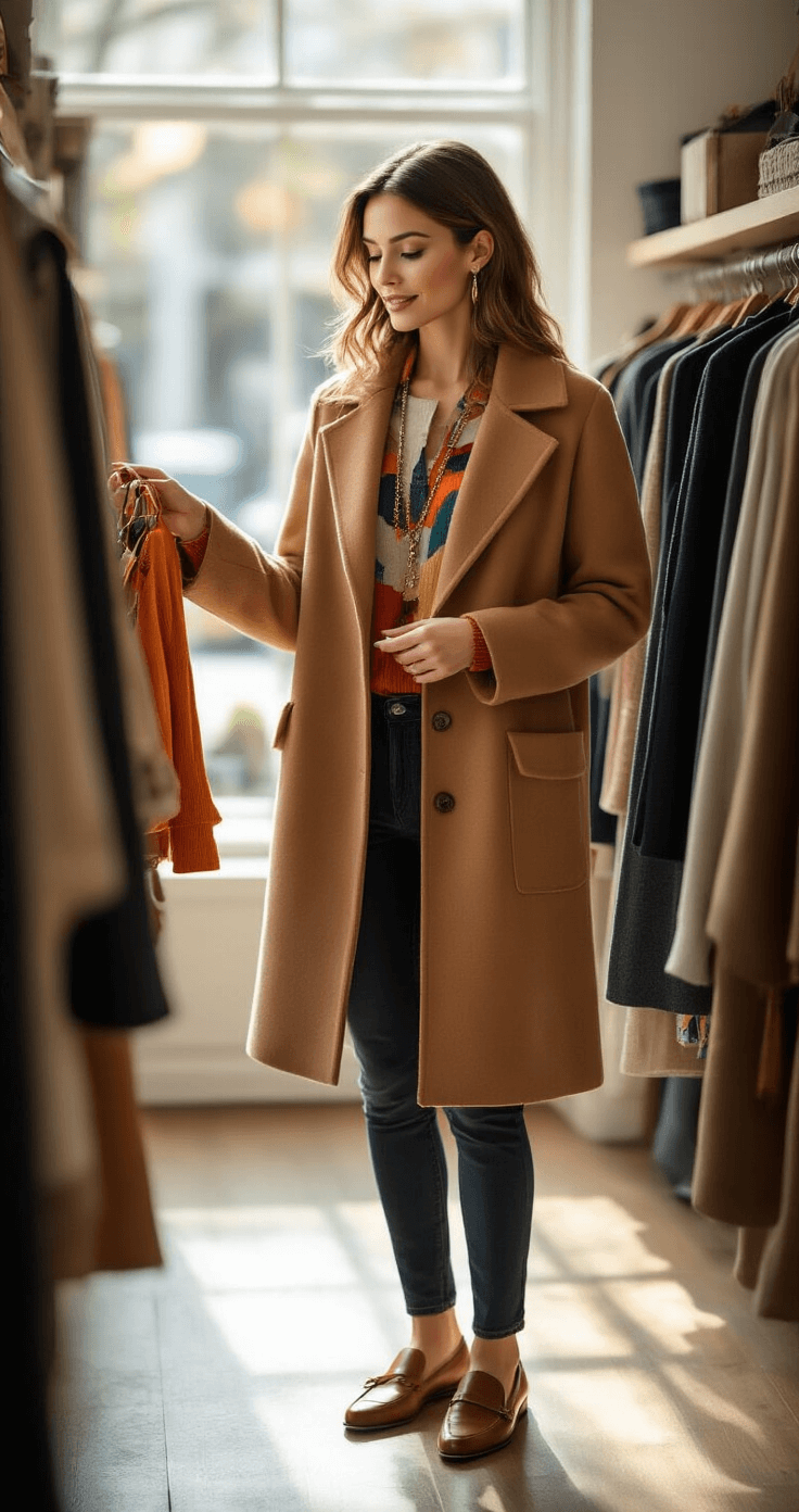 A savvy shopper in a camel wool coat browses a stylish boutique in soft morning light, thoughtfully examining garments and accessories, with a colorful jersey top held up as she compares budget-friendly fashion finds.