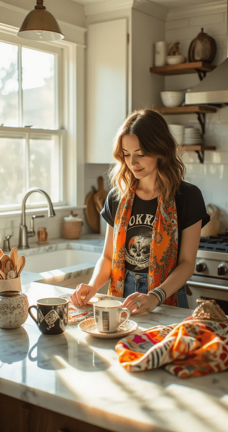 Closet Cosplay: Transform Your Wardrobe into Awesome Character Looks A woman in a modern kitchen with marble countertops arranges thrifted finds, including vintage band t-shirts, colorful scarves, and statement jewelry, while steam rises from a nearby ceramic mug. Morning sunlight highlights the textures and accessories, capturing an authentic lifestyle moment of budget-friendly cosplay styling.
