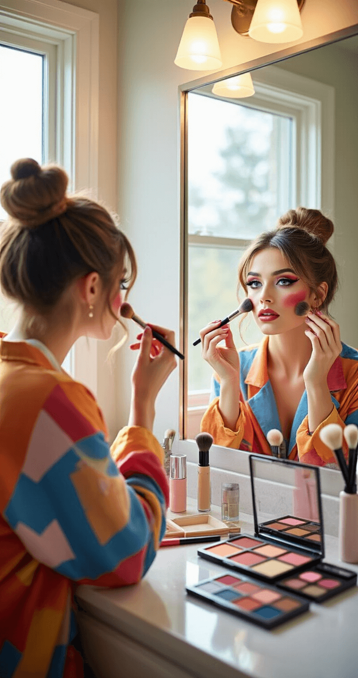 Closet Cosplay: Transform Your Wardrobe into Awesome Character Looks A woman applies character-inspired makeup in a bright bathroom, illuminated by natural light from a window. She wears cotton blend clothing in character colors and has her hair styled accordingly. A clean countertop displays makeup brushes, colorful palettes, and styling tools as she focuses in the large mirror, capturing the essence of her character with accessible beauty products and techniques.