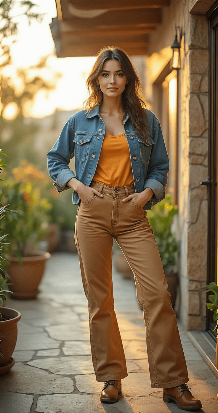 Closet Cosplay: Transform Your Wardrobe into Awesome Character Looks A woman confidently poses in a sunny outdoor patio at golden hour, wearing a completed closet cosplay ensemble with layered clothing in signature character colors, denim jacket, and character-appropriate footwear, set against an urban backdrop with natural stone surfaces and potted plants, capturing her joy and confidence.