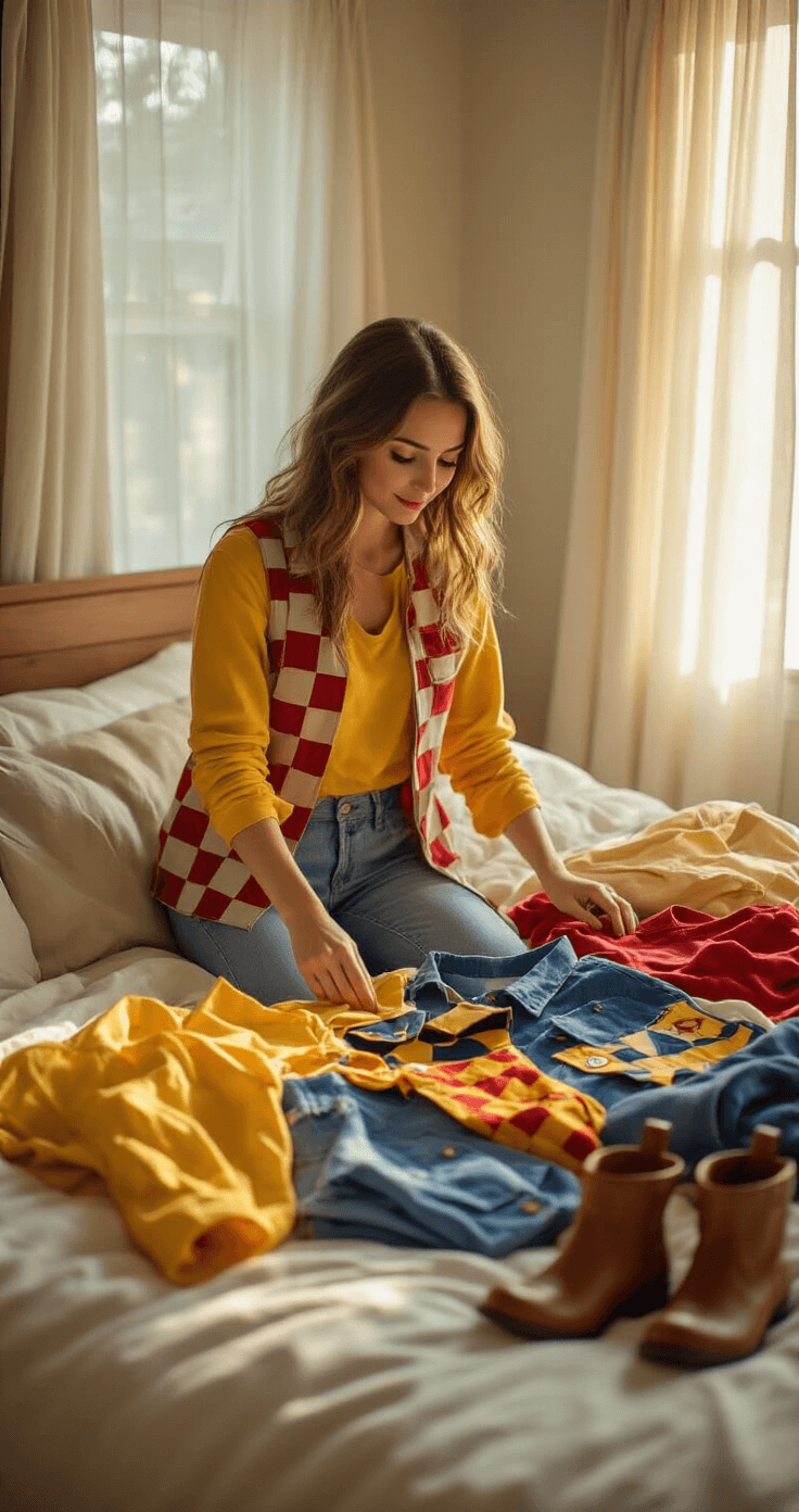 Toy Story Costumes: The Ultimate A cozy bedroom scene in soft natural light features a woman in loungewear organizing Toy Story costume pieces on her bed, with yellow shirts, red vests, denim accessories, and brown boots arranged in neat piles. The warm neutral color palette includes pops of red, yellow, and blue, highlighting the textures of cotton, leather, and denim.