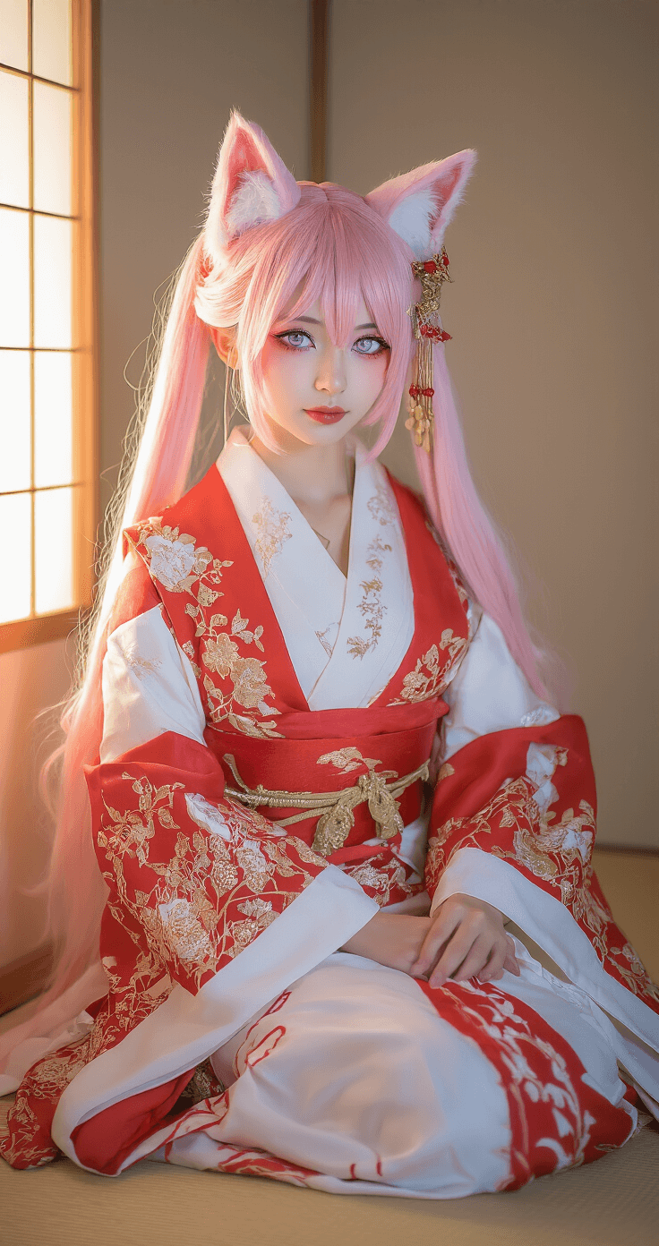 Photorealistic portrait of a woman in elegant shrine maiden cosplay, dressed in red and white traditional robes with gold embroidery, seated in a minimalist Japanese-inspired room. She has long layered pink hair, purple contact lenses, and delicate fox-ear hair accessories. The soft natural light from the window, filtered through shoji screens during golden hour, highlights her serene expression and precise eye makeup, complemented by traditional Japanese jewelry.