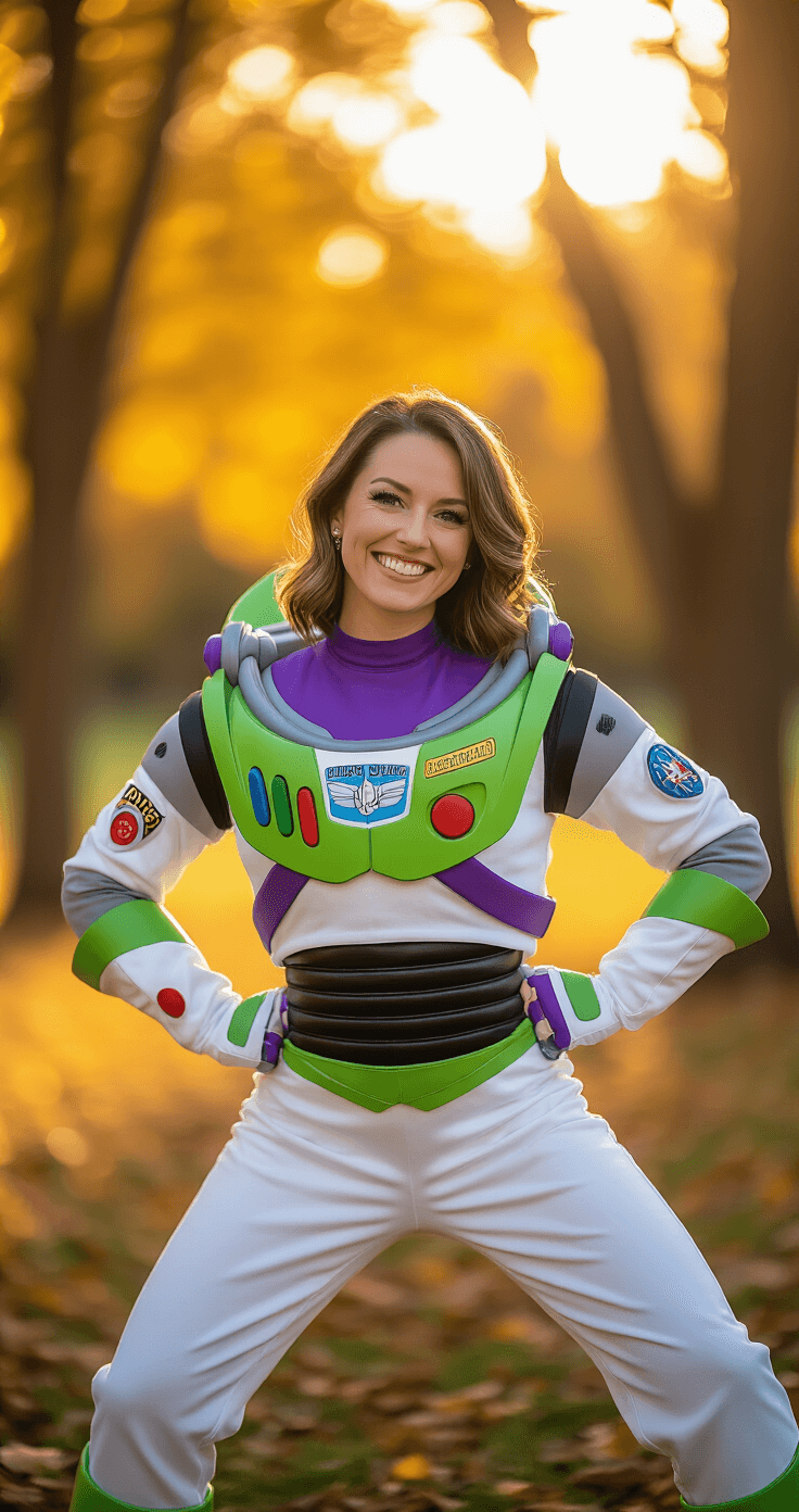Toy Story Costumes: The Ultimate A woman dressed as Buzz Lightyear in a vibrant white and green jumpsuit plays joyfully in a park during golden hour, surrounded by autumn trees, with warm natural lighting accentuating her heroic pose and colorful costume details.