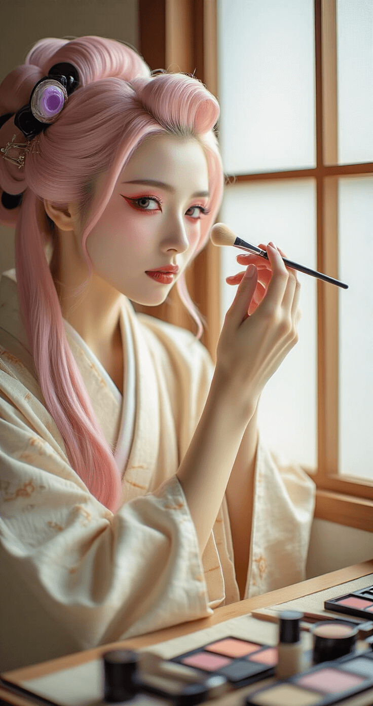 A woman in a cream-tone kimono-style robe applies traditional Japanese-inspired makeup at a vanity table, showcasing precise red corner eye makeup with delicate brushes and cosmetics around her. Natural daylight illuminates the scene, featuring her long pink wig in curlers and purple contact lenses, captured in an intimate, styled moment.