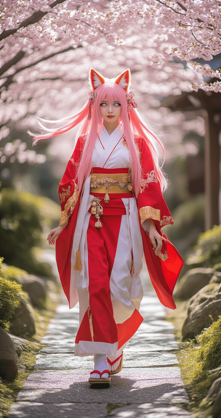 A woman in shrine maiden cosplay walks through a traditional Japanese garden, wearing red and white ceremonial robes with gold trim, a layered pink wig, and fox-ear hair clips, carrying ornate shrine accessories. Dappled sunlight filters through cherry blossom trees, highlighting her confident stride and playful expression.