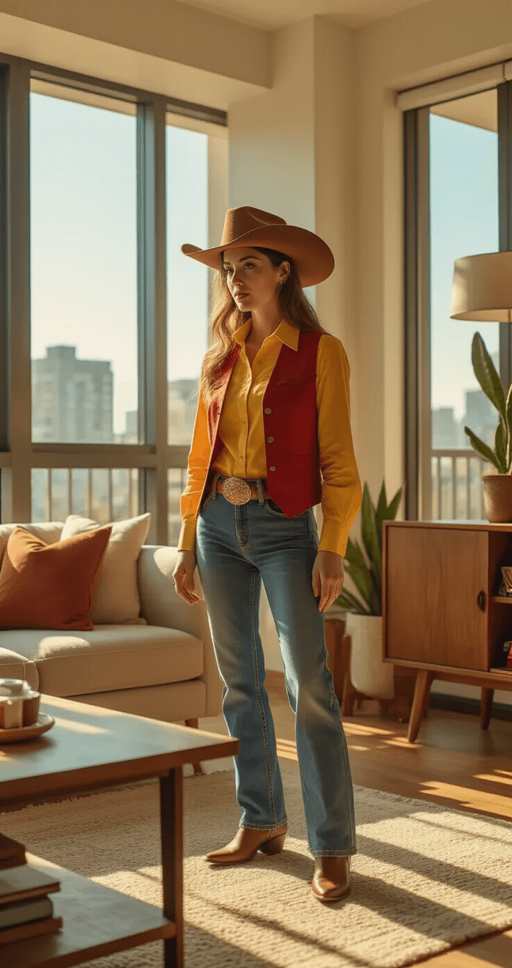 Toy Story Costumes: The Ultimate A woman in a Woody costume stands in a chic urban apartment living room filled with natural light, surrounded by modern minimalist decor. The warm wood tones contrast with her colorful outfit as sunlight casts shadows that highlight the textures of the fabrics.