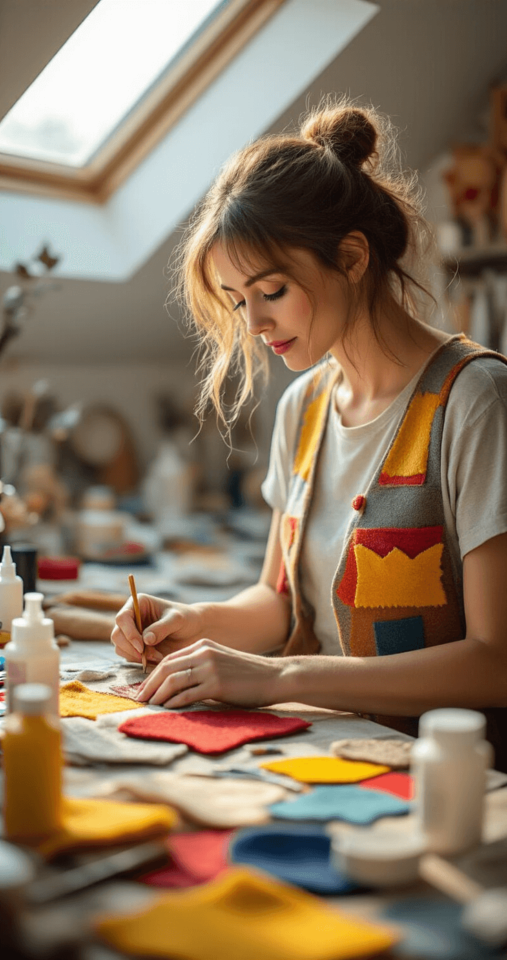 Toy Story Costumes: The Ultimate A woman in a cozy craft studio adds finishing touches to a colorful vest surrounded by vibrant fabric swatches, felt pieces, and paint bottles, illuminated by soft morning light from skylights.