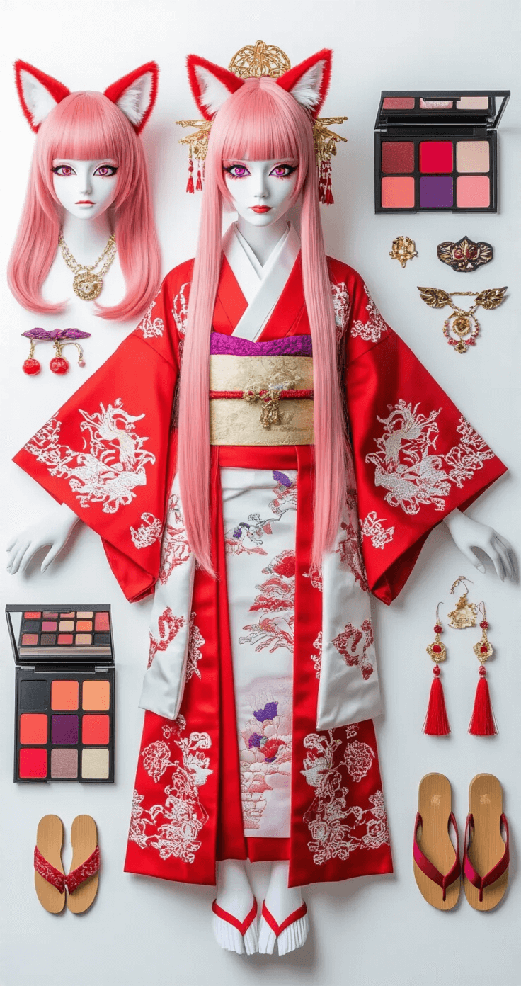 A flat lay scene featuring shrine maiden costume pieces arranged on a white backdrop, including intricate red and white traditional robes, a long styled pink wig, purple contact lenses, fox-ear clips, ceremonial jewelry, a makeup palette with red and purple shades, wooden sandals, and various silk and cotton fabrics, all captured in bright studio lighting.