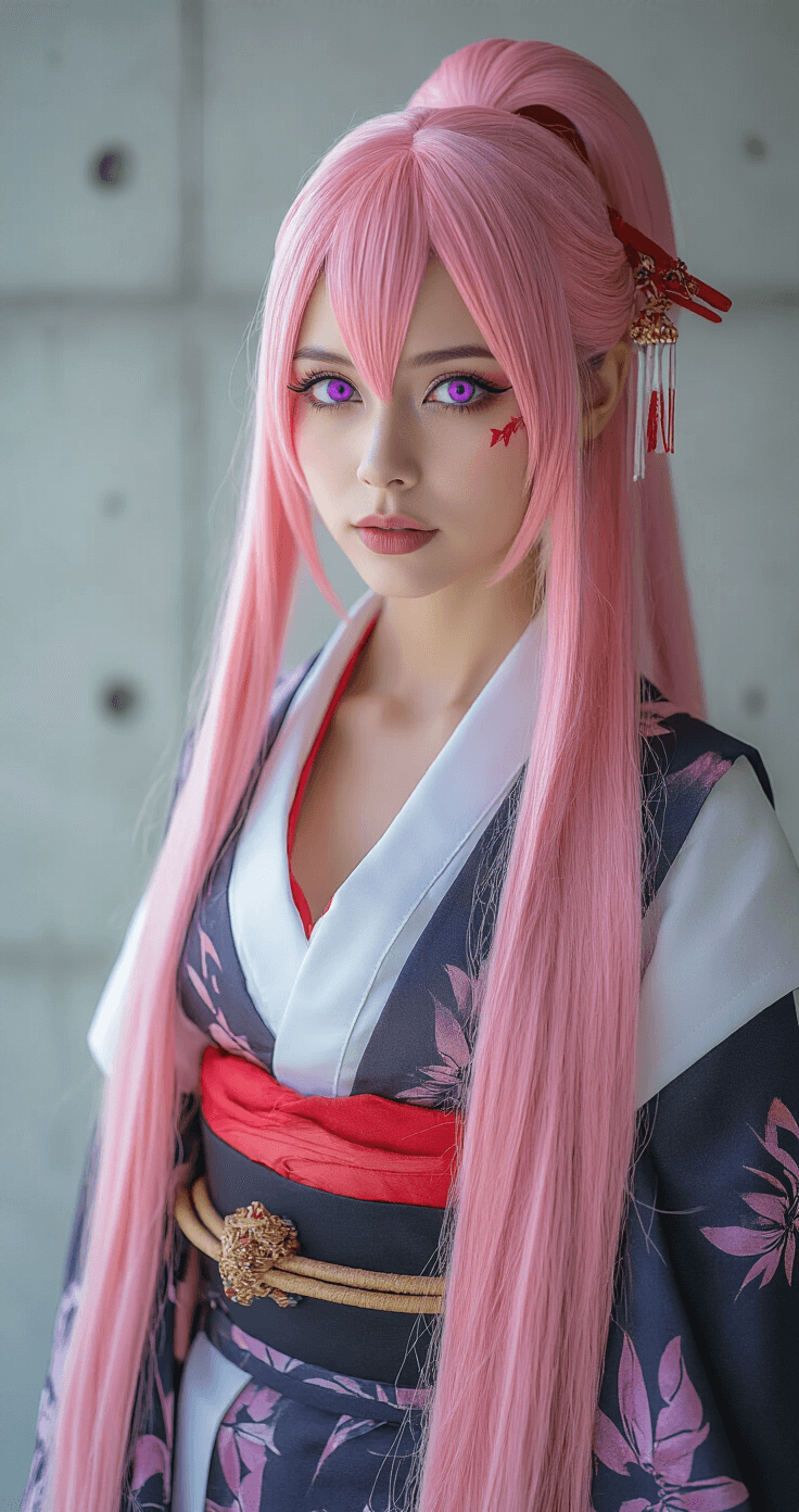 A confident woman in an elaborate shrine maiden cosplay with layered fabrics and a long pink wig poses elegantly against a minimalist concrete backdrop, showcasing striking purple contact lenses and traditional Japanese accessories, enhanced by dramatic side lighting.