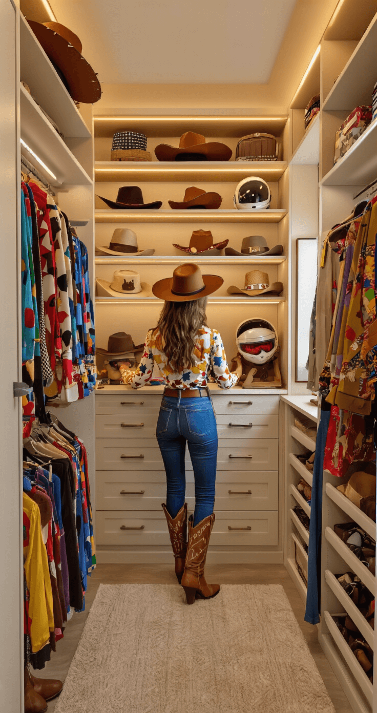 Toy Story Costumes: The Ultimate A woman in a stylish walk-in closet illuminated by warm LED lighting as she selects accessories for her Toy Story costume, featuring organized shelves with cowboy hats, space helmets, and colorful fabrics. Natural light enhances the vibrant colors against the neutral-toned backdrop.