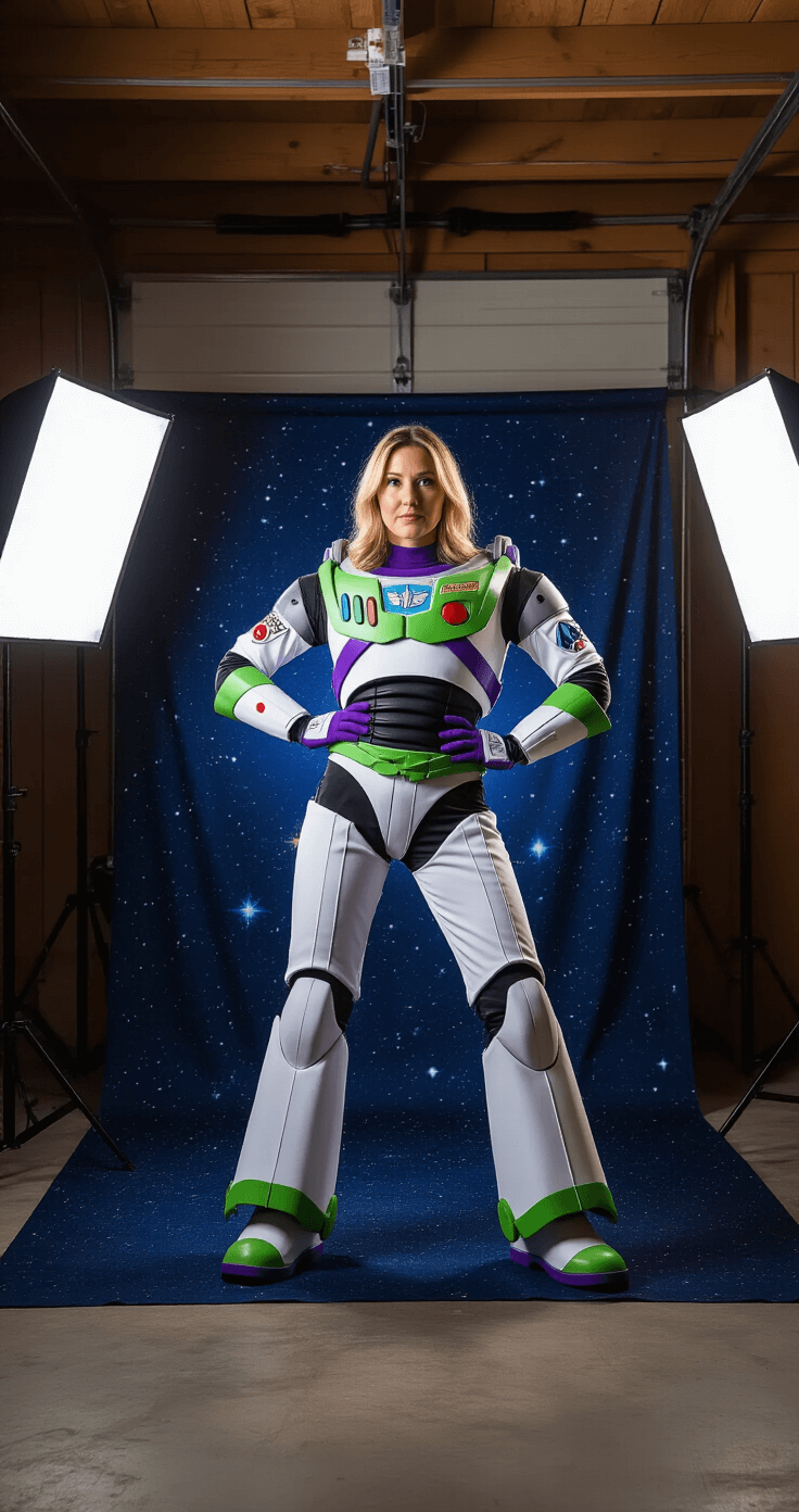 Toy Story Costumes: The Ultimate A confident woman poses in a Buzz Lightyear costume against a starry backdrop in a garage studio, with professional lighting creating dramatic shadows that accentuate the costume's synthetic fabric and accessories.