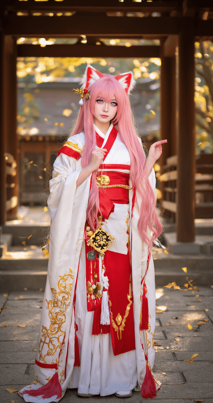 A confident woman in a complete Yae Miko cosplay outfit poses at a traditional shrine, wearing red and white ceremonial robes with gold details, a long pink wig, purple contact lenses, and fox-ear accessories, against a backdrop of wooden architecture bathed in soft golden hour light.