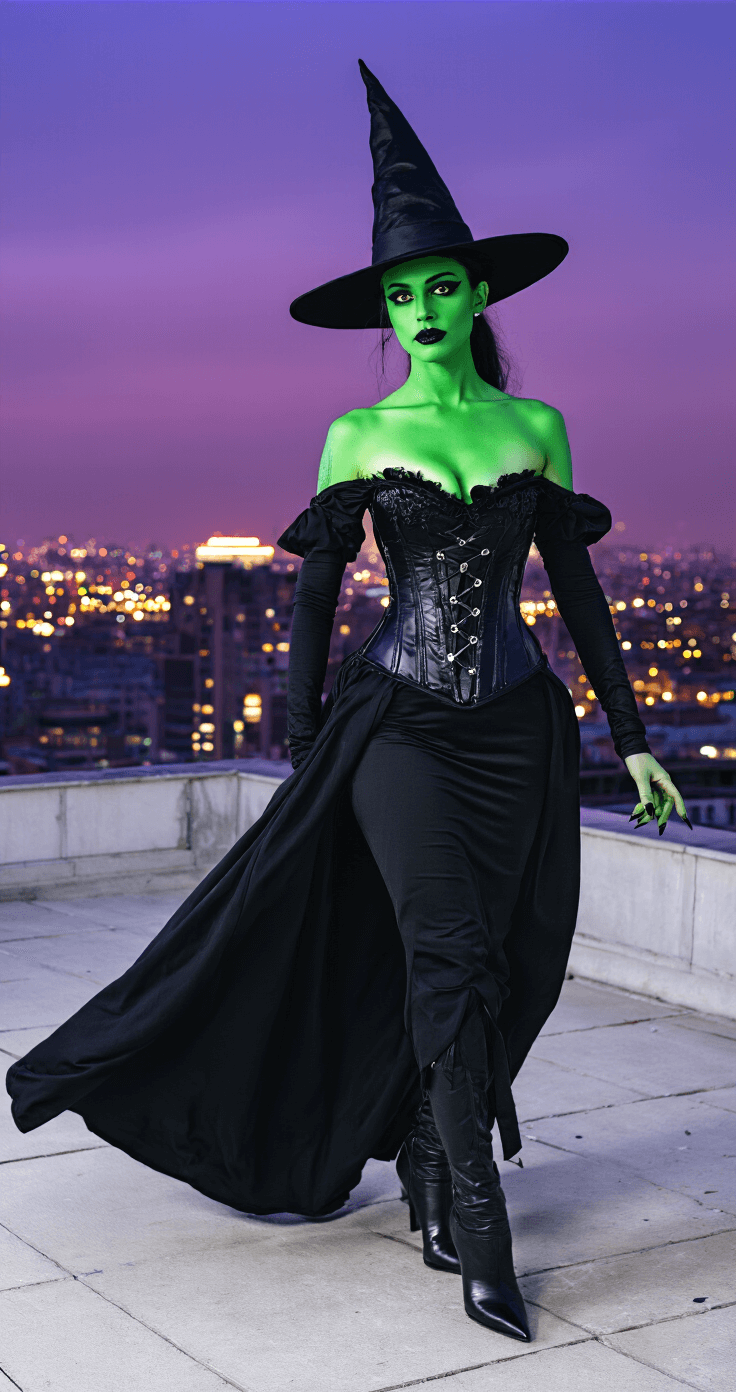 A model wearing an elaborate Elphaba costume, featuring a fitted black gothic dress with corset details and emerald green body paint, stands on an urban rooftop at dusk. She sports a classic pointed witch hat, dark smoky eye makeup, and black lipstick. The flowing black cape billows in the evening breeze against a backdrop of twinkling city lights and a purple twilight sky.