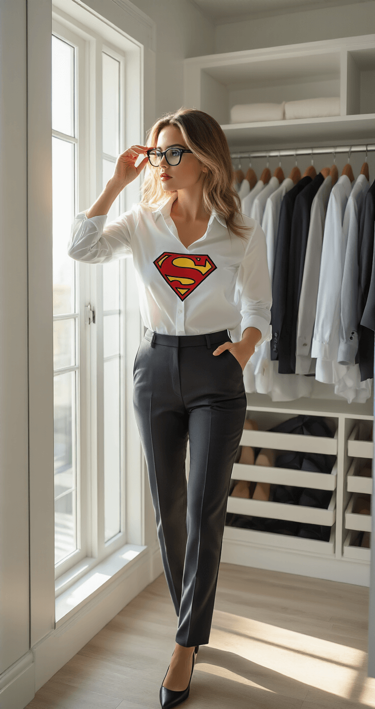 A woman in a minimalist walk-in closet styles a Clark Kent-inspired look, wearing a white button-down shirt with a Superman logo underneath, tailored charcoal dress pants, and black-rimmed glasses, while adjusting her glasses in front of a mirror. Sunlight streams through tall windows, illuminating an organized wardrobe with professional attire on wooden hangers.