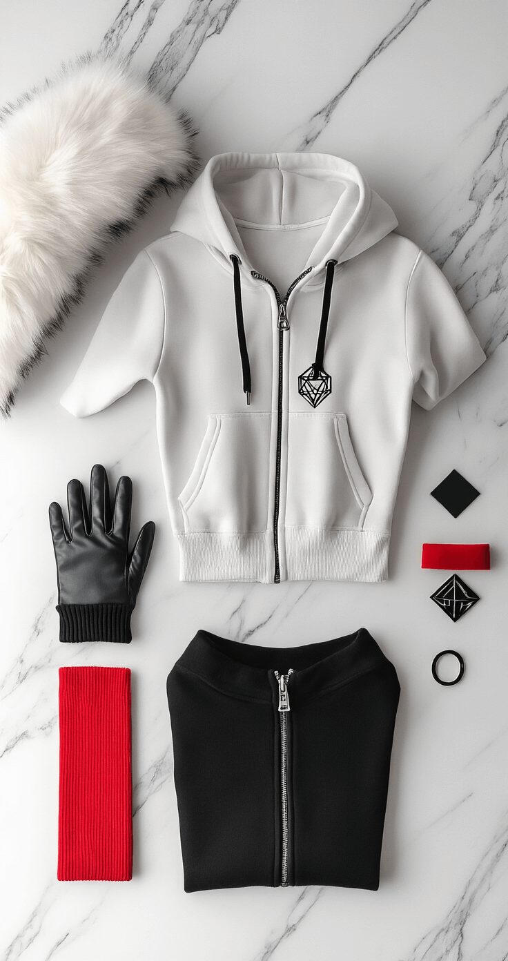 Ultimate Shadow the Hedgehog Cosplay Guide: Transform Into the Ultimate Lifeform! Minimalist studio setup featuring a black cropped hoodie with a center zipper as the focal point, surrounded by red ankle bands, half-finger leather gloves, and a geometric emblem sash on a white marble surface, illuminated by soft overhead lighting that highlights fabric textures.