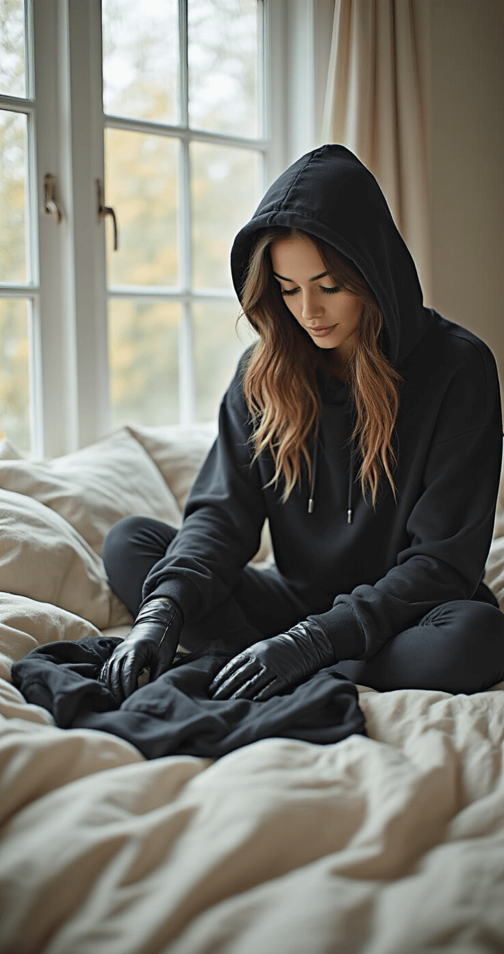 Ultimate Shadow the Hedgehog Cosplay Guide: Transform Into the Ultimate Lifeform! A woman styles an edgy street-wear outfit on neutral linen bedding, featuring a black hoodie, dark form-fitting pants, and layered accessories, illuminated by natural window light. Close-up of fabric textures, including smooth cotton and leather gloves, in a warm, inviting atmosphere.