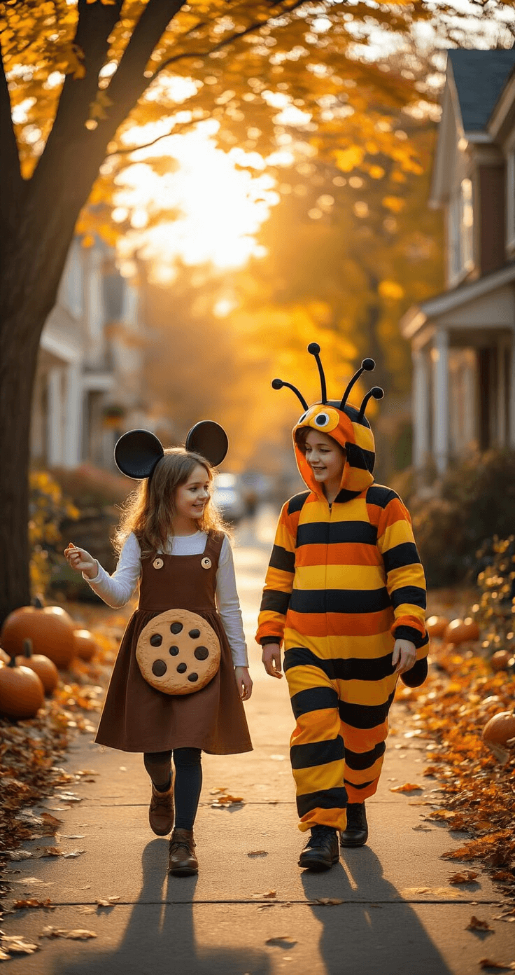 A joyful group of friends dressed in whimsical children's book character costumes strolls through a tree-lined neighborhood during golden hour, featuring a lead model in mouse ears and a brown dress with a cookie prop, and a companion in a colorful caterpillar costume. The warm sunset light filters through autumn leaves, illuminating Halloween decorations and carved pumpkins along the sidewalk.