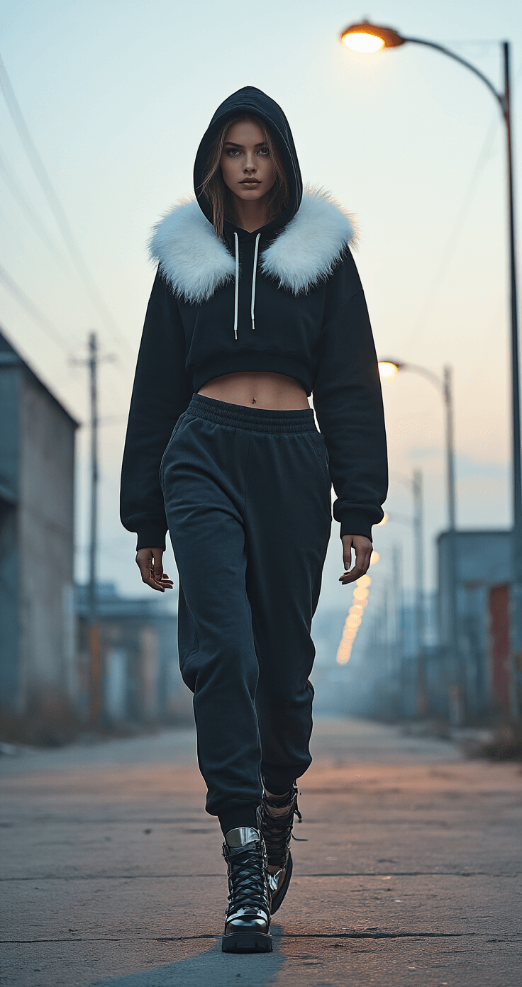 Ultimate Shadow the Hedgehog Cosplay Guide: Transform Into the Ultimate Lifeform! Confident model in Shadow-inspired fashion, walking through an industrial urban setting at dusk, wearing a black cropped hoodie with white fur collar, fitted dark joggers, and metallic-accented footwear, illuminated by dramatic streetlamp lighting, showcasing a post-apocalyptic tech-wear aesthetic.