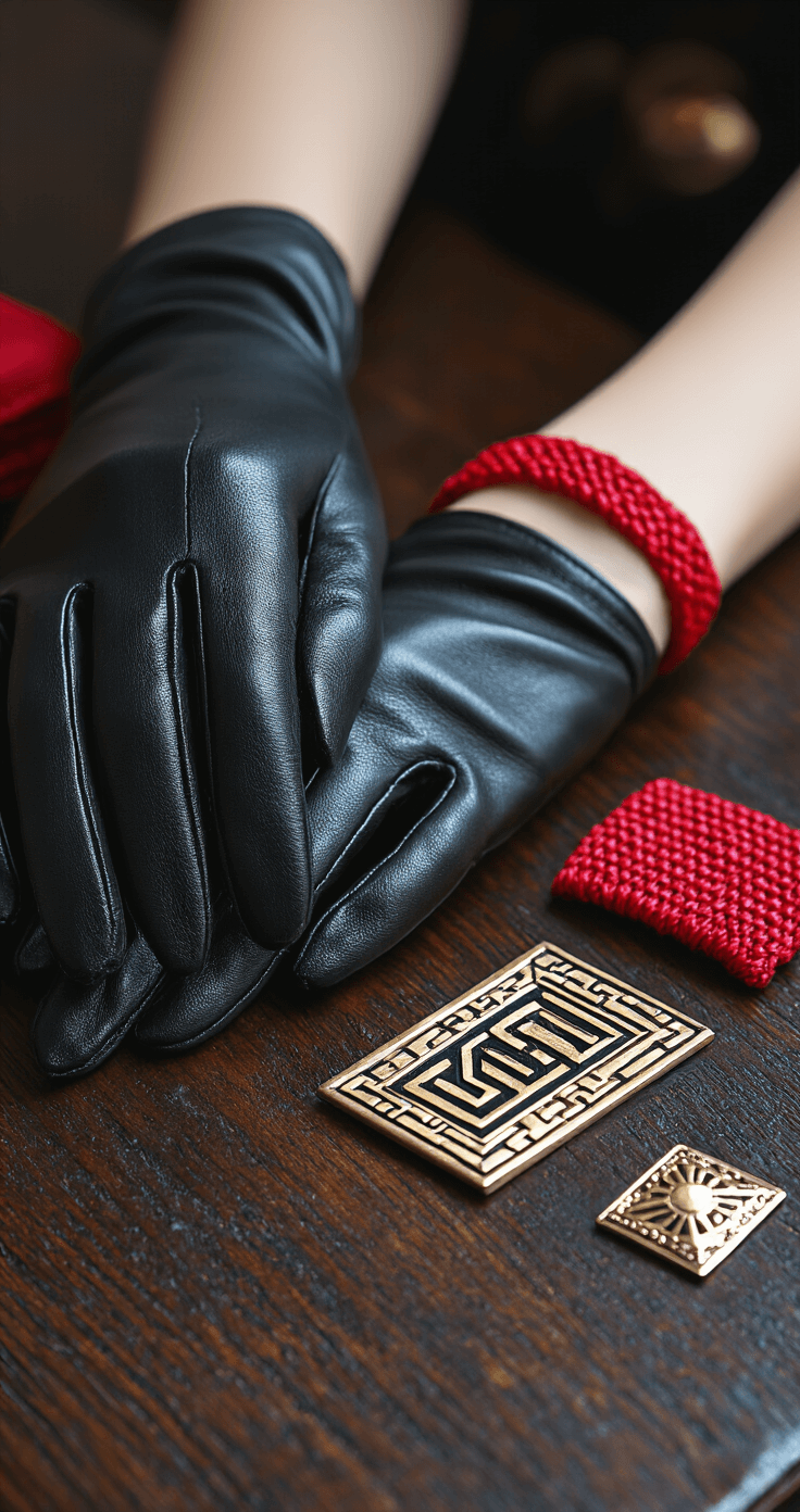 Ultimate Shadow the Hedgehog Cosplay Guide: Transform Into the Ultimate Lifeform! Close-up shot of half-finger black leather gloves, red ankle bands, and geometric accessories on a dark wood surface, showcasing intricate textures and material contrasts under soft ambient lighting.