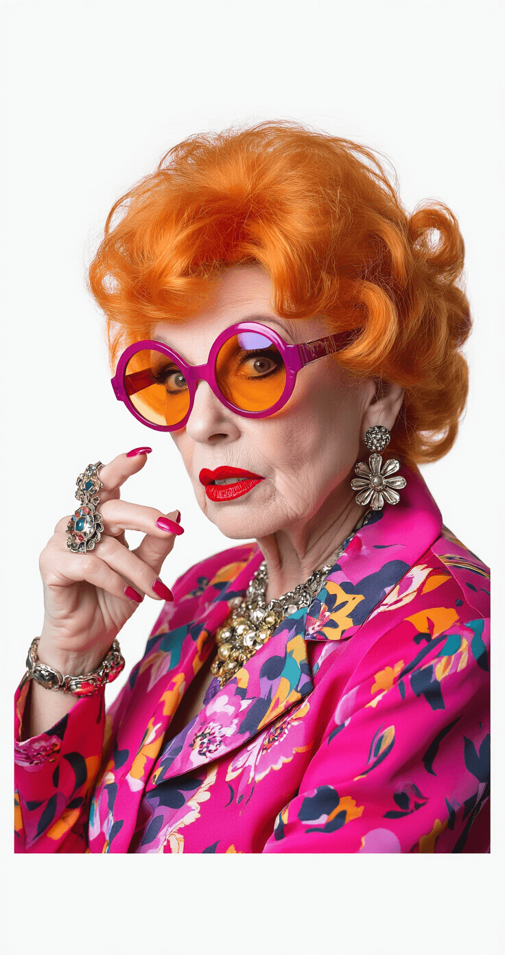A model dressed as Aunt Gladys in a vibrant fuchsia outfit and oversized tinted glasses poses against a clean white background, showcasing dramatic chunky vintage jewelry and a bright ginger wig under professional studio lighting.